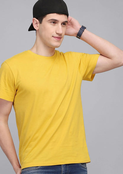 Plain Yellow Color Half Sleeve Round Neck Men's Cotton T-Shirt