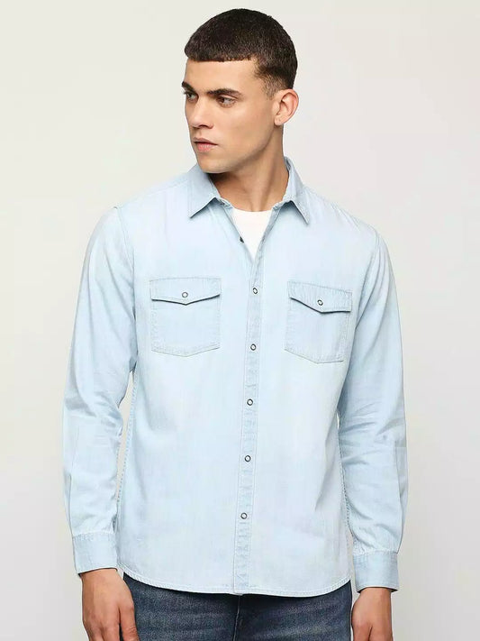 Men Spring And Summer Solid Color Loose Casual Long-Sleeved Jacket Type Light Blue Color