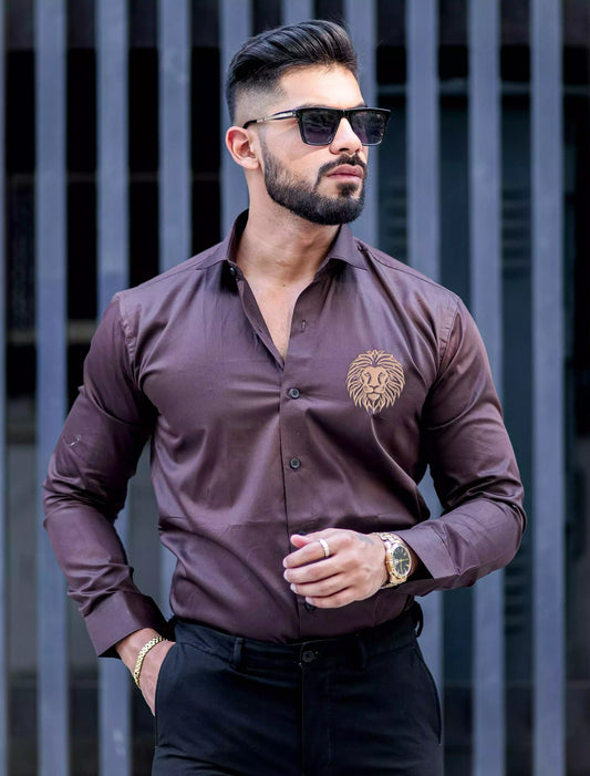 Brown Mufasa Printed Satin Cotton Full Sleeves Mens Shirt