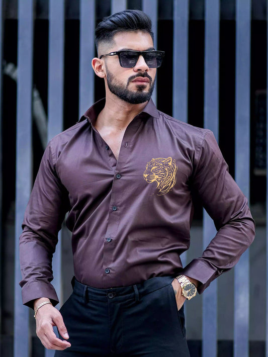 Brown Tiger Printed Satin Cotton Full Sleeves Mens Shirt