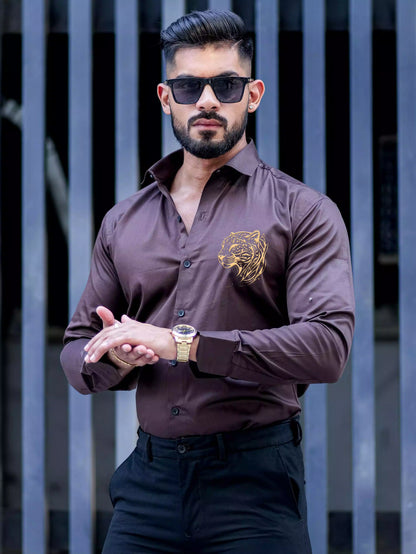 Brown Tiger Printed Satin Cotton Full Sleeves Mens Shirt