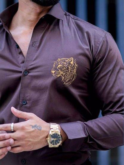 Brown Tiger Printed Satin Cotton Full Sleeves Mens Shirt