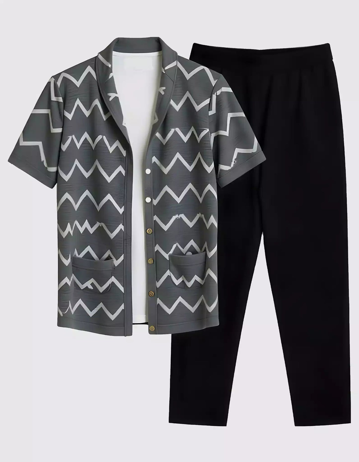 Black ZigZag Design Printed Mens Full Set Trouser and Shirt Half Sleeves