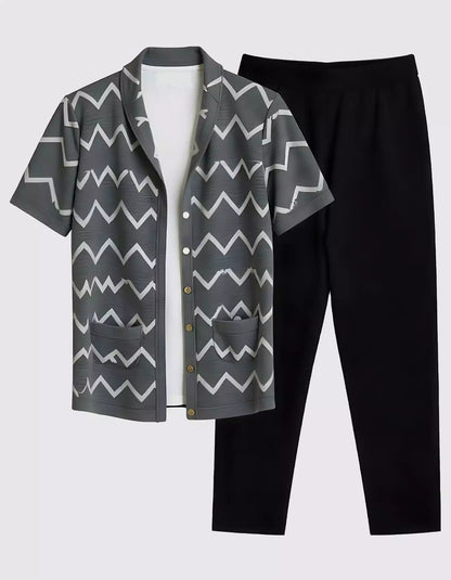 Black ZigZag Design Printed Mens Full Set Trouser and Shirt Half Sleeves