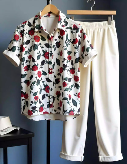 Cream Rose Printed Mens Full Set Trouser and Shirt Half Sleeves