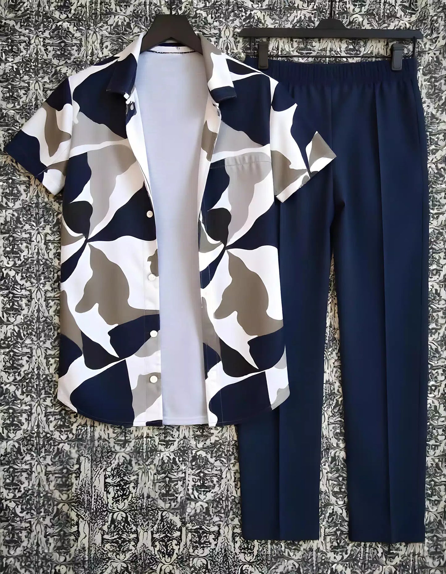 Navy Blue Tiles Printed Mens Full Set Trouser and Shirt Half Sleeves