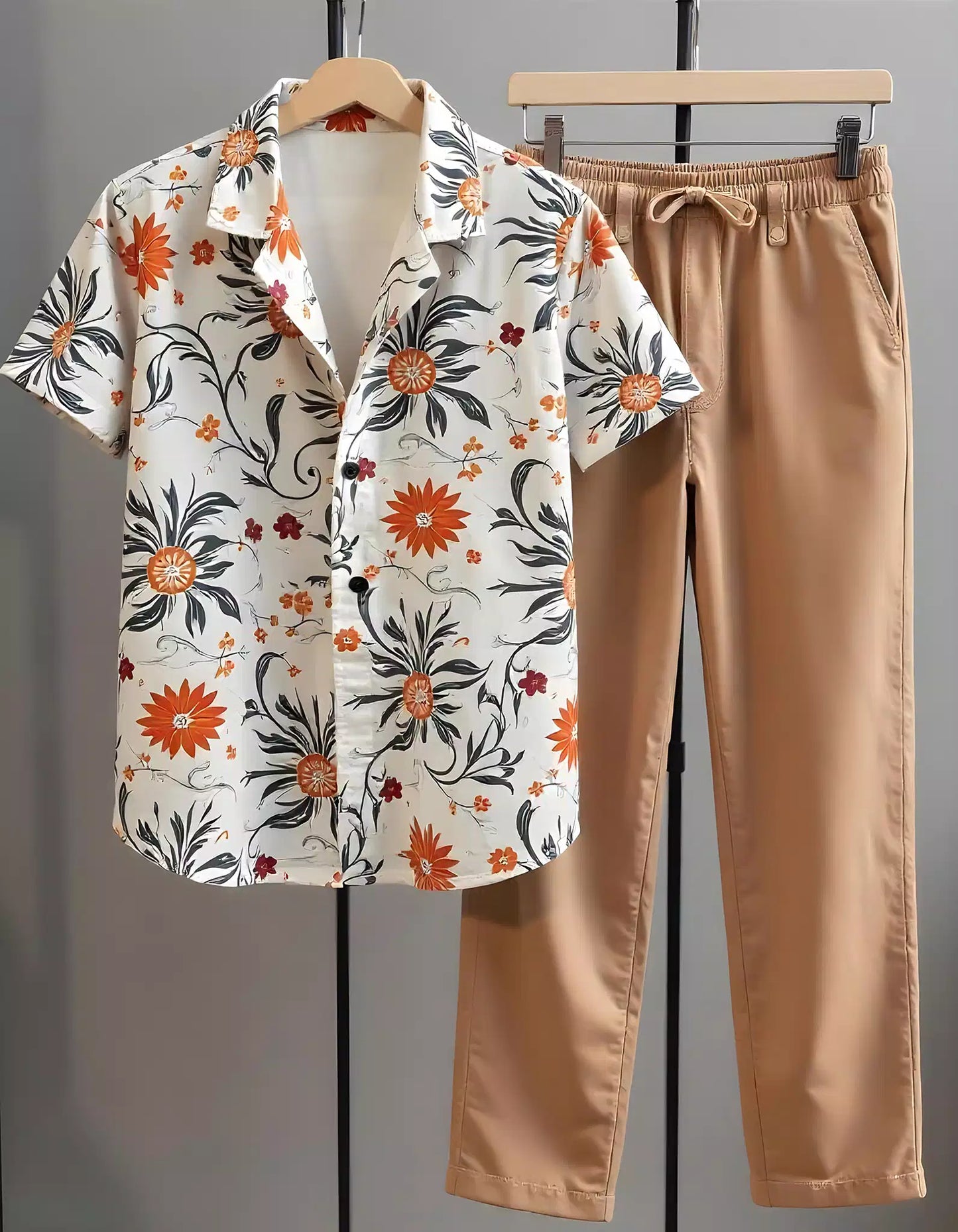 Orange Flower Printed Mens Full Set Trouser and Shirt Half Sleeves