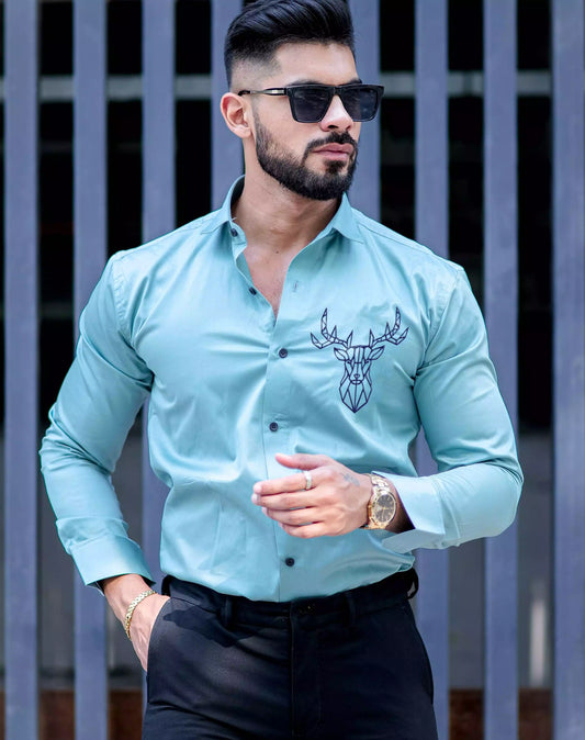 Deer Cyan Luxury Printed Satin Cotton Full Sleeves Mens Shirt