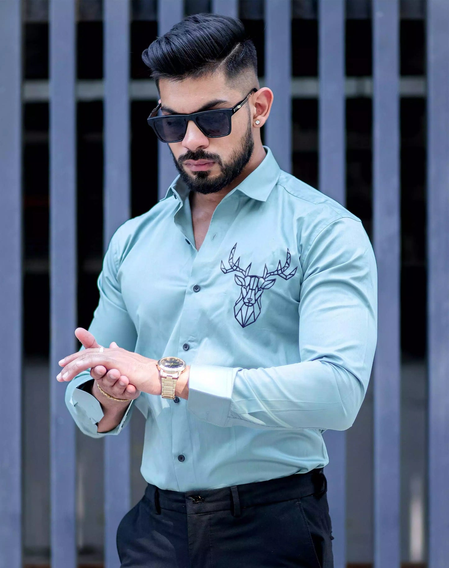 Deer Cyan Luxury Printed Satin Cotton Full Sleeves Mens Shirt