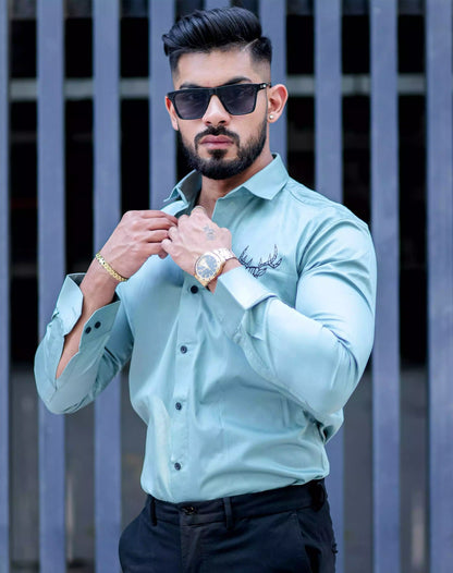 Deer Cyan Luxury Printed Satin Cotton Full Sleeves Mens Shirt