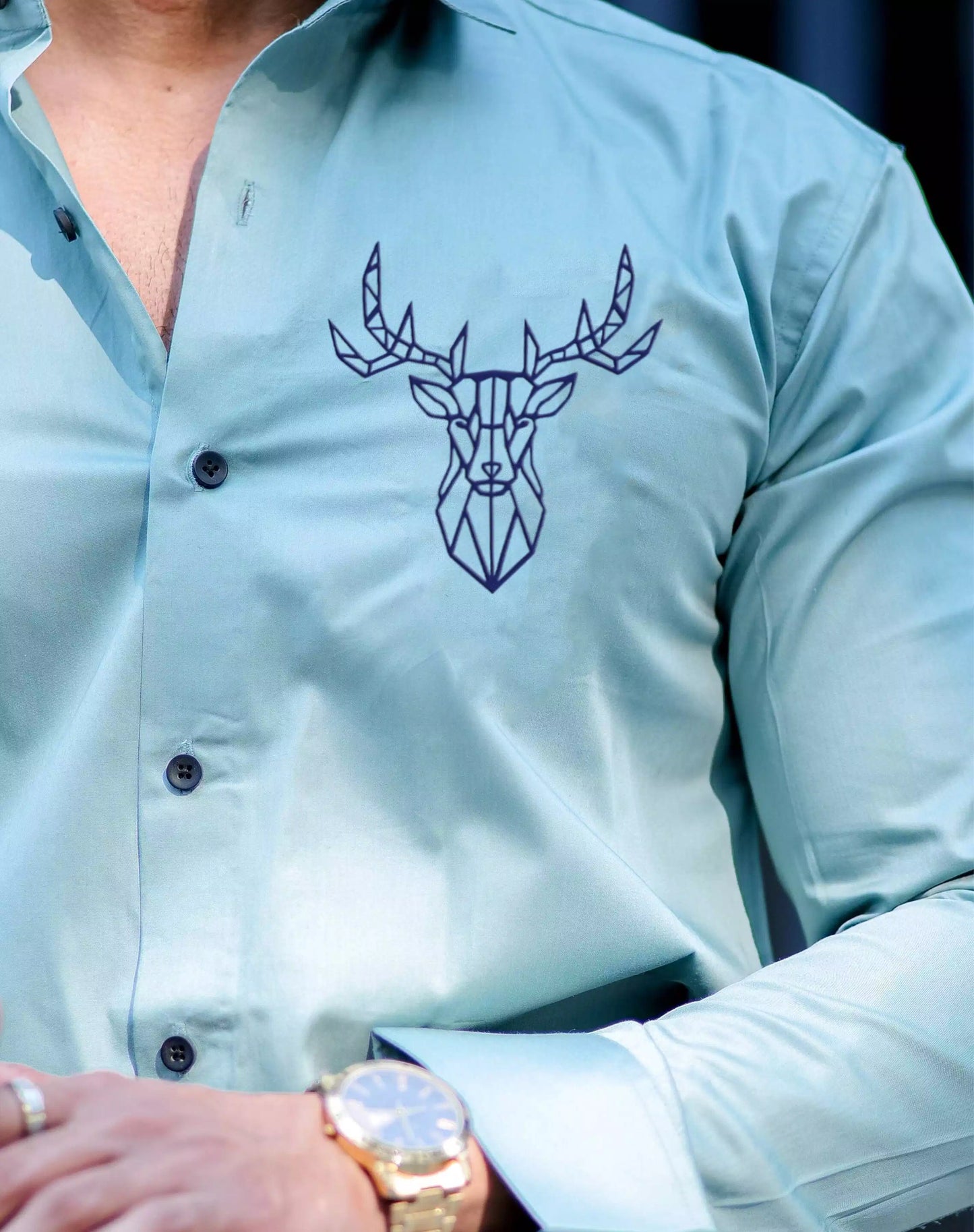 Deer Cyan Luxury Printed Satin Cotton Full Sleeves Mens Shirt