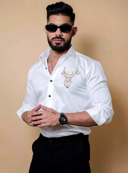 Deer White Luxury Printed Satin Cotton Full Sleeves Mens Shirt