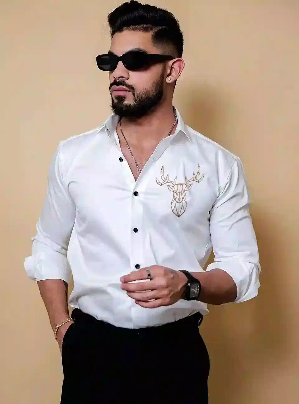 Deer White Luxury Printed Satin Cotton Full Sleeves Mens Shirt