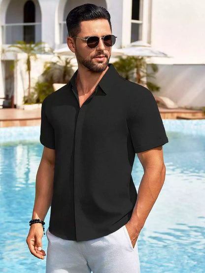 Black Color Solid Men's Short Sleeves Shirt Easter Wear Exclusive