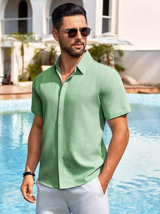 Green Color Solid Men's Short Sleeves Shirt Easter Wear Exclusive