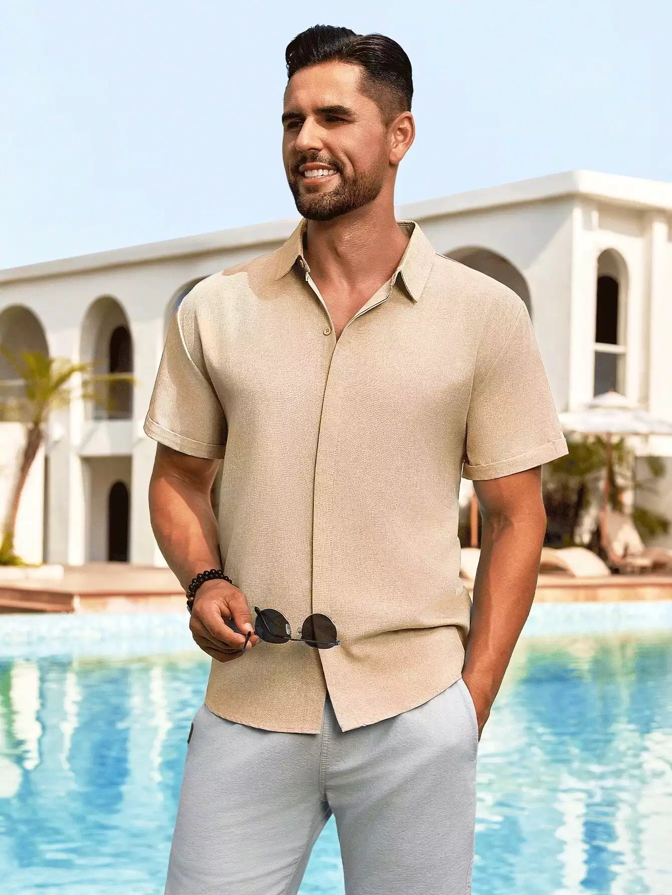 Khaki Color Solid Men's Short Sleeves Shirt Easter Wear Exclusive