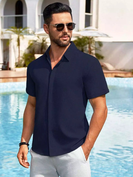 Navu Blue Color Solid Men's Short Sleeves Shirt Easter Wear Exclusive