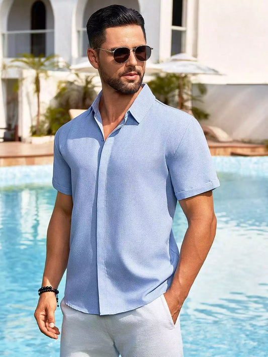 Sky Blue Color Solid Men's Short Sleeves Shirt Easter Wear Exclusive