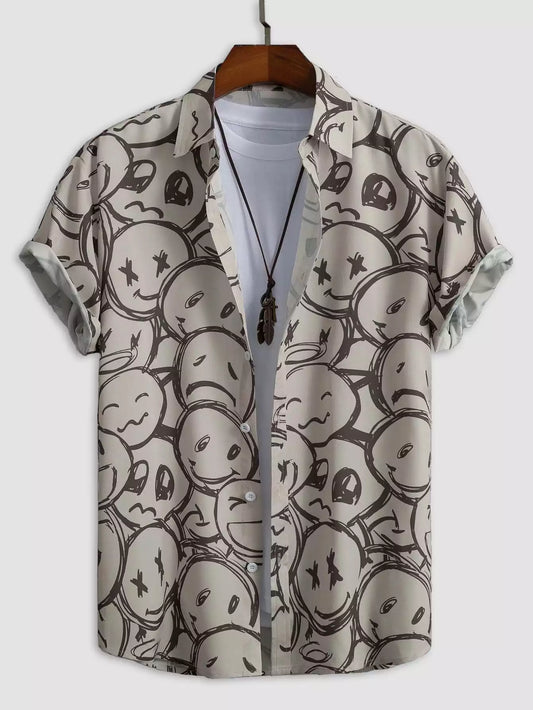 Gray and White Emoji Design Beach and casual Multicolor Printed Shirt Cotton Material Half Sleeves Mens