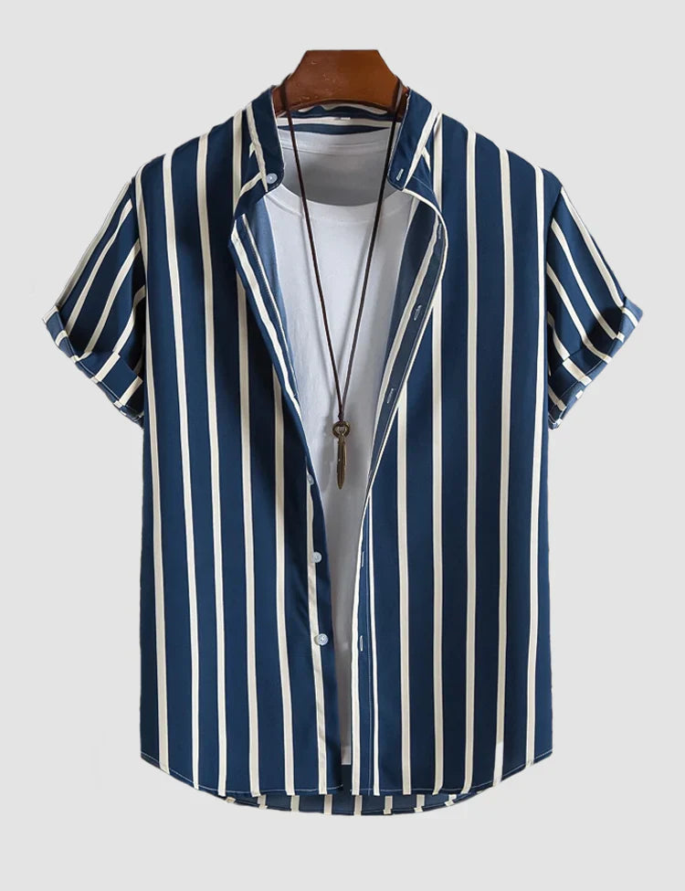 Dark Blue Color Lining Pattern Digital Printed Half Sleeves Cotton Material Mens Shirt