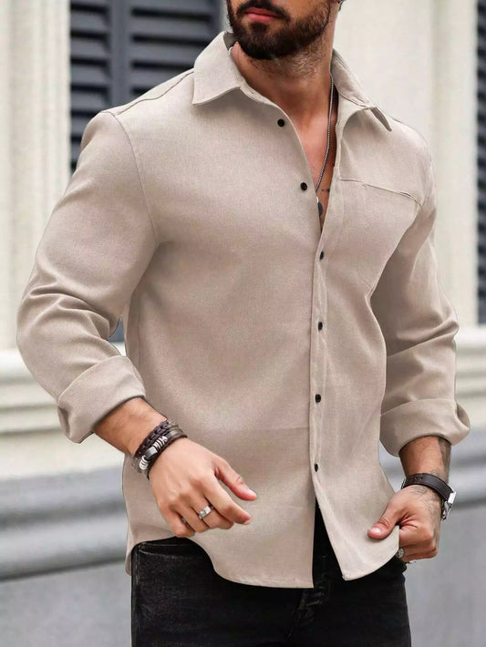 Men Spring And Summer Solid Color Loose Casual Long-Sleeved Shirt Apricot Color