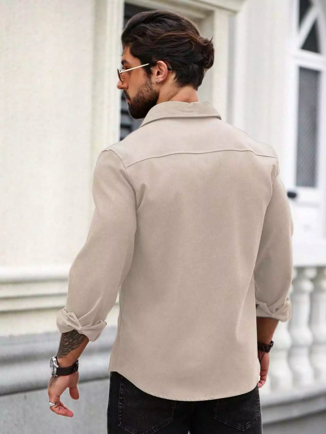 Men Spring And Summer Solid Color Loose Casual Long-Sleeved Shirt Apricot Color