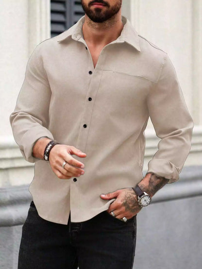 Men Spring And Summer Solid Color Loose Casual Long-Sleeved Shirt Apricot Color