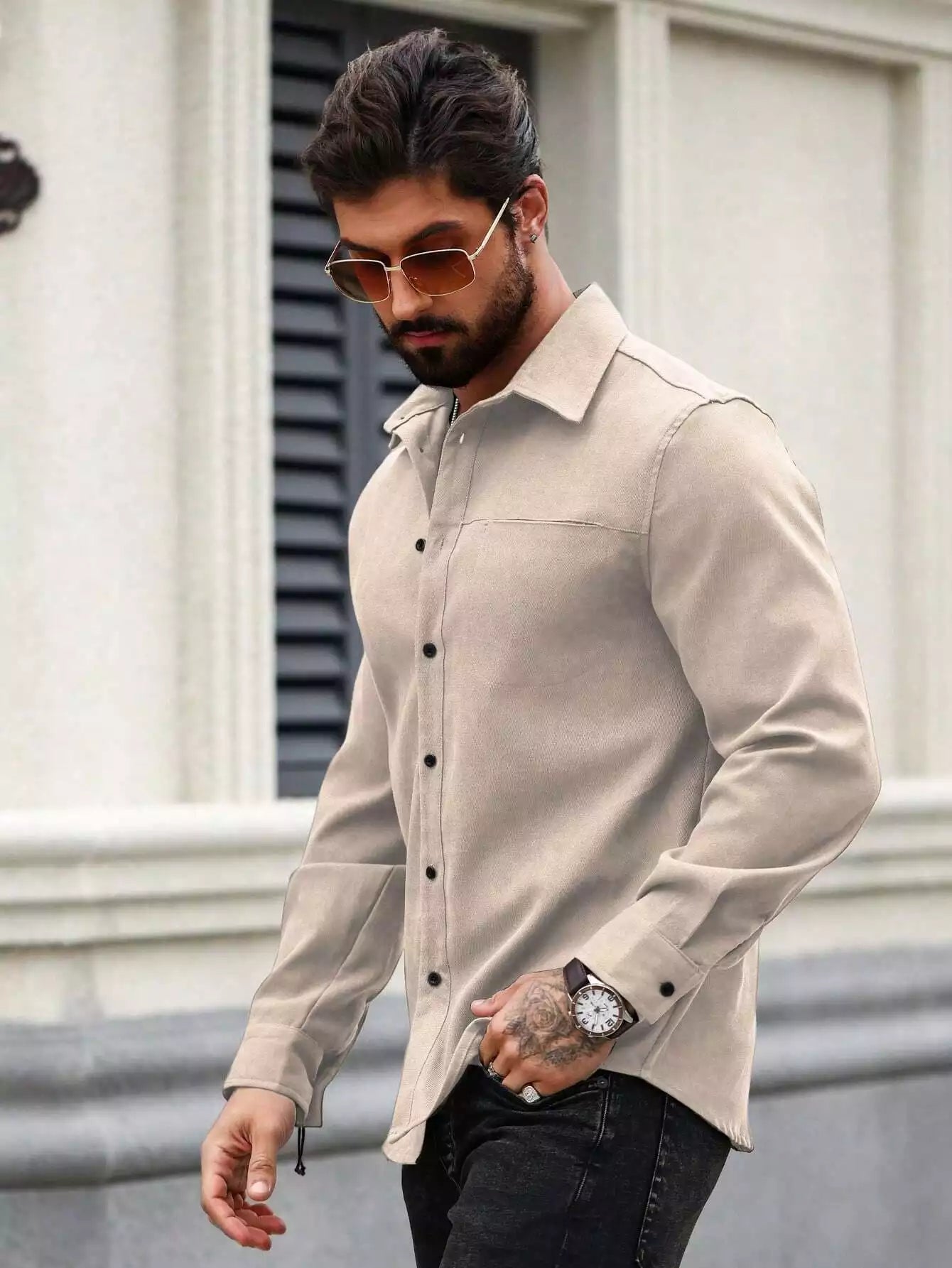 Men Spring And Summer Solid Color Loose Casual Long-Sleeved Shirt Apricot Color