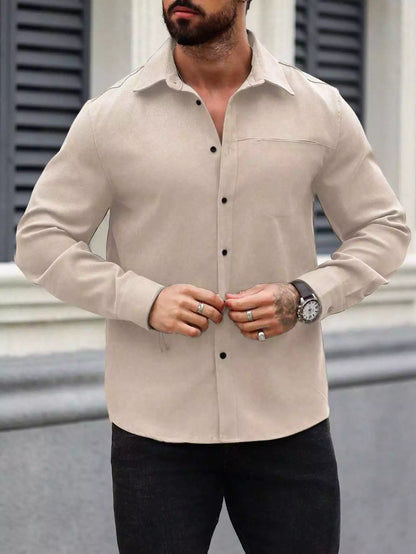 Men Spring And Summer Solid Color Loose Casual Long-Sleeved Shirt Apricot Color