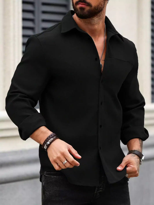 Men Spring And Summer Solid Color Loose Casual Long-Sleeved Shirt Black Color