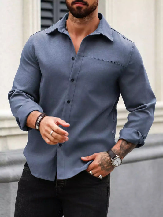 Men Spring And Summer Solid Color Loose Casual Long-Sleeved Shirt Blue Color