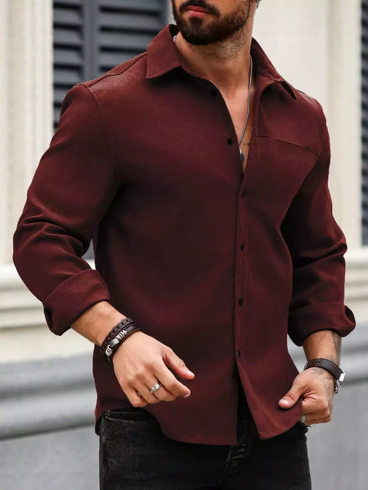 Men Spring And Summer Solid Color Loose Casual Long-Sleeved Shirt Burgundy Color