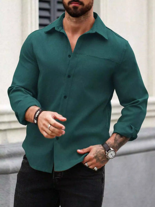 Men Spring And Summer Solid Color Loose Casual Long-Sleeved Shirt Dark Green Color