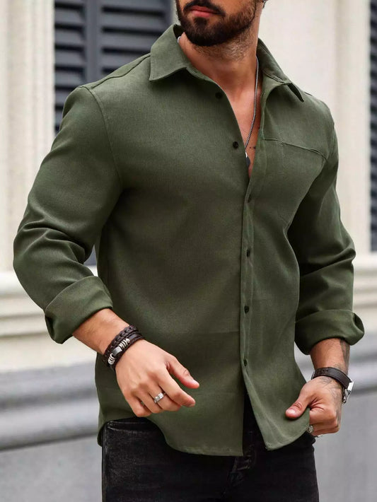 Men Spring And Summer Solid Color Loose Casual Long-Sleeved Shirt Green Color