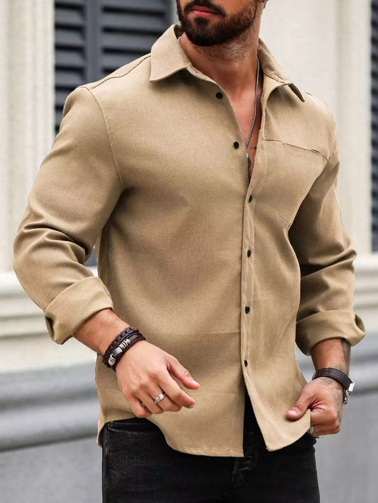 Men Spring And Summer Solid Color Loose Casual Long-Sleeved Shirt Khaki Color