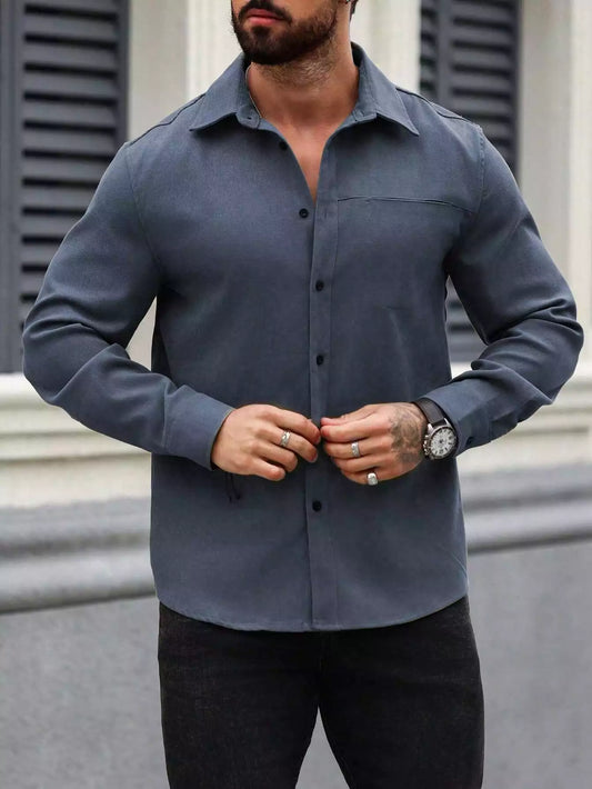 Men Spring And Summer Solid Color Loose Casual Long-Sleeved Shirt Navy Blue Color