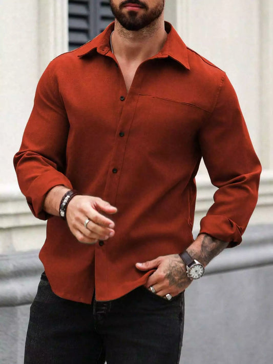 Men Spring And Summer Solid Color Loose Casual Long-Sleeved Shirt Orange Color