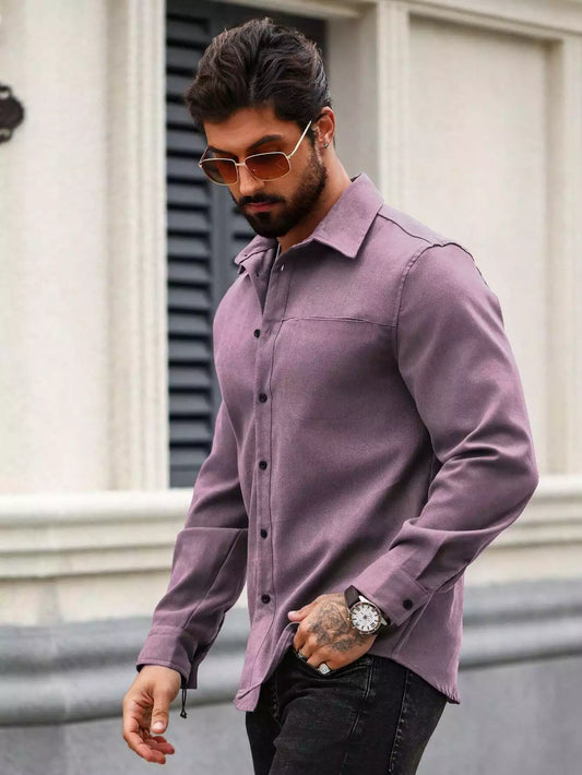 Men Spring And Summer Solid Color Loose Casual Long-Sleeved Shirt Purple Color