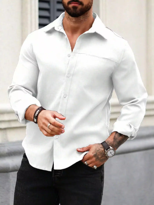 Men Spring And Summer Solid Color Loose Casual Long-Sleeved Shirt White Color