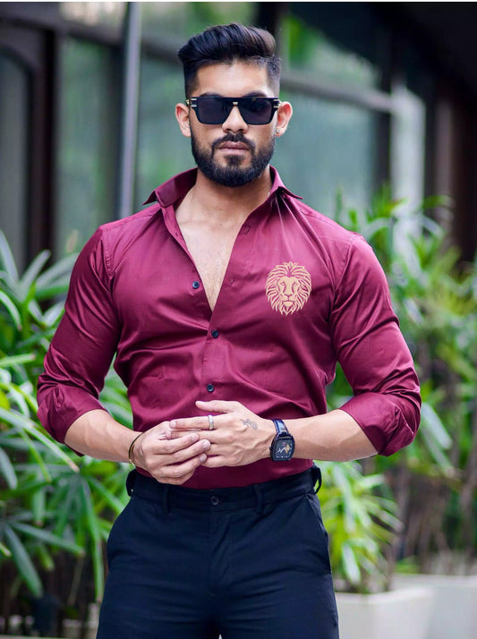 Maroon Mufasa Printed Satin Cotton Full Sleeves Mens Shirt