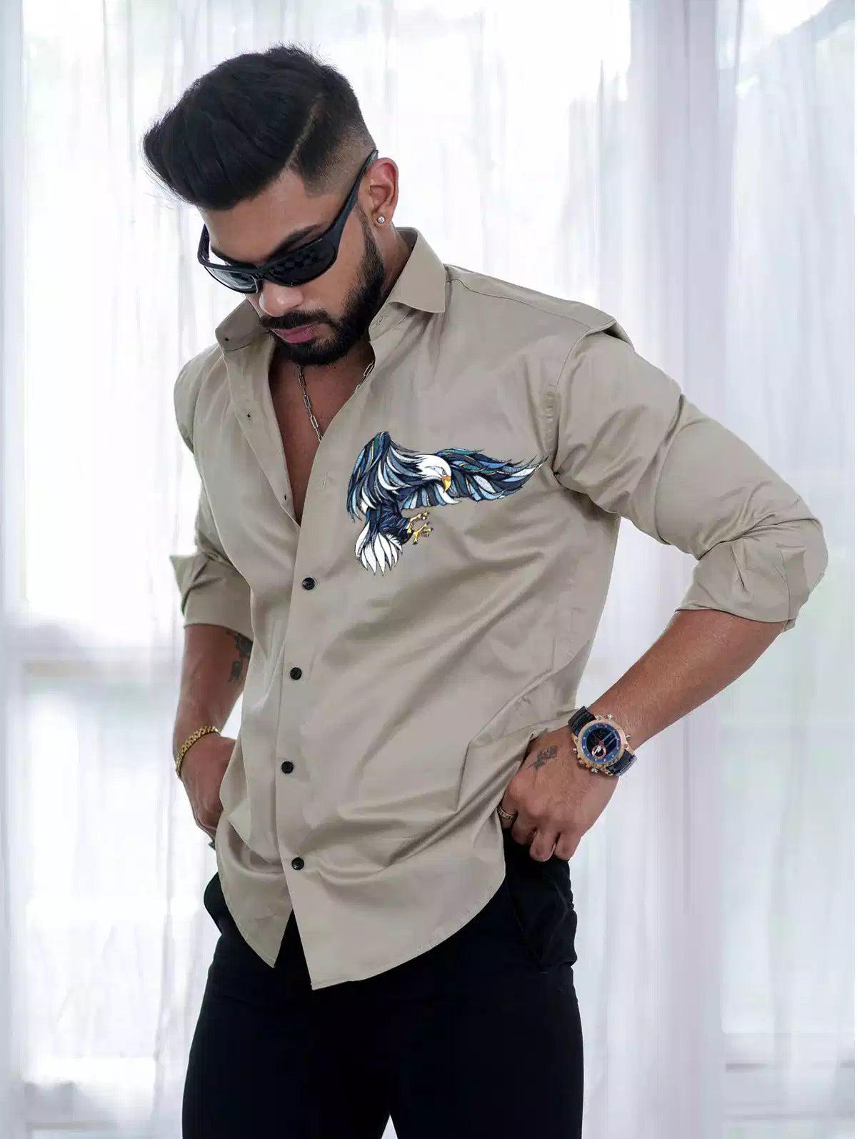 Multi Eagle Beige Printed Satin Cotton Full Sleeves Mens Shirt