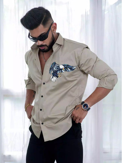 Multi Eagle Beige Printed Satin Cotton Full Sleeves Mens Shirt