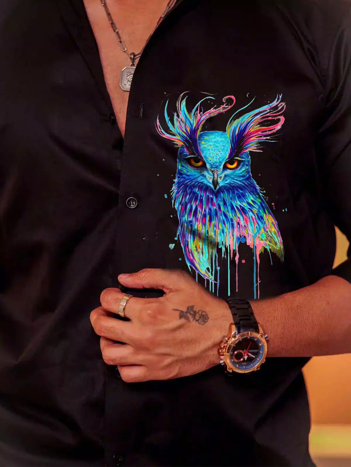 Multi Eagle Black Printed Satin Cotton Full Sleeves Mens Shirt