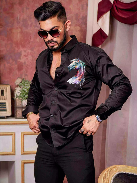 Multi Horse Black Printed Satin Cotton Full Sleeves Mens Shirt