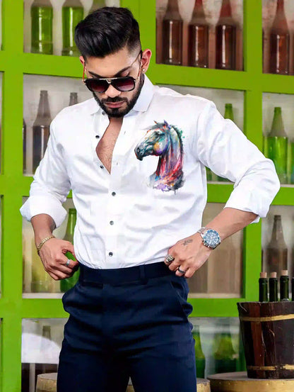 Multi Horse White Printed Satin Cotton Full Sleeves Mens Shirt