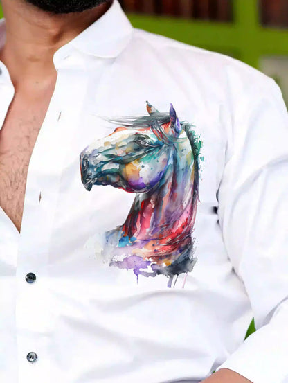 Multi Horse White Printed Satin Cotton Full Sleeves Mens Shirt