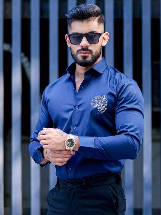 Navy Blue Tiger Printed Satin Cotton Full Sleeves Mens Shirt