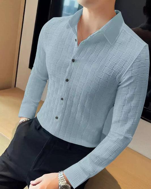 Blue Color Full Sleeves Mens Popcorn Material Shirt