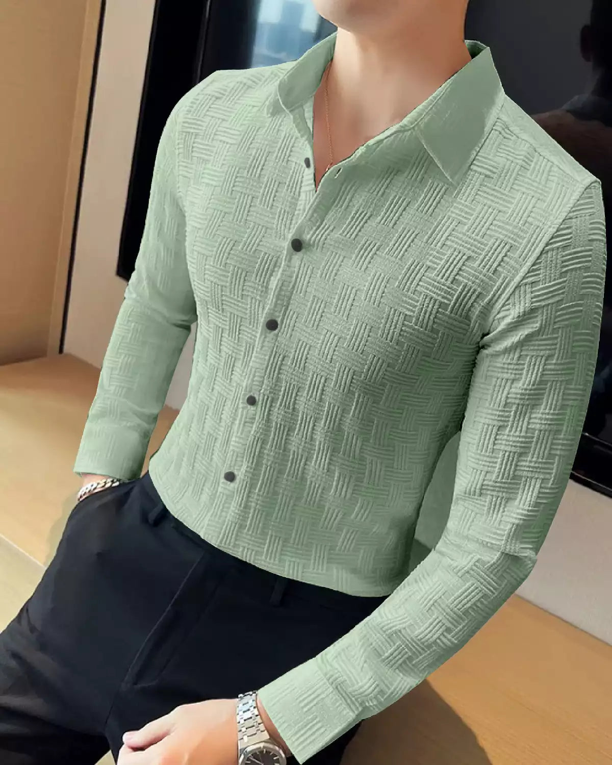 Light Green Color Full Sleeves Mens Popcorn Material Shirt