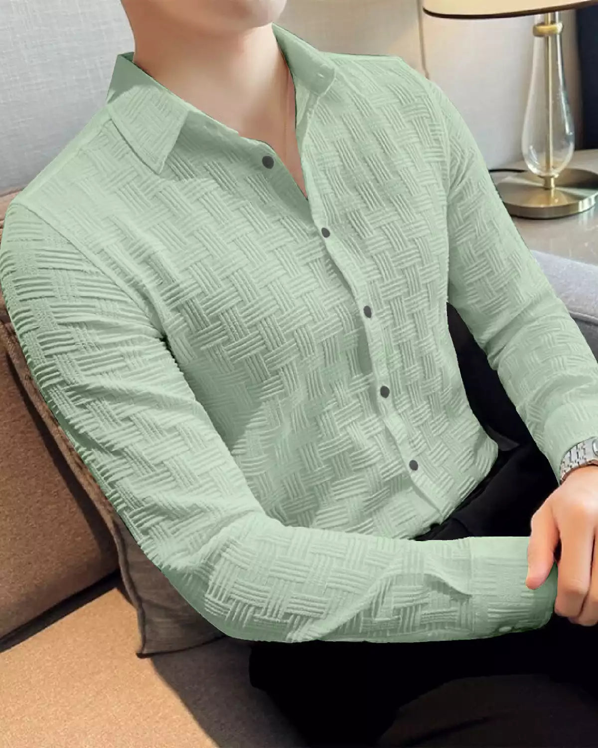 Light Green Color Full Sleeves Mens Popcorn Material Shirt